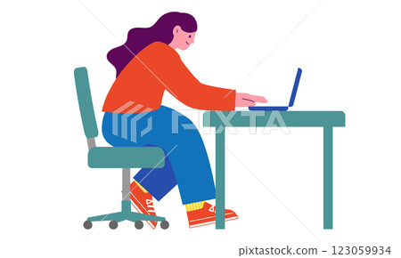 一位女士坐在椅子上使用筆記型電腦的向量平面插圖。如果你正在工作、學習或做案頭工作 123059934