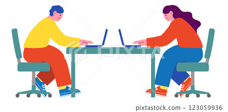 Vector flat illustration of people working face to face. Image of working, studying or having a meeting. Vector flat illustration of people working face to face. Image of working, studying or having a meeting. 123059936