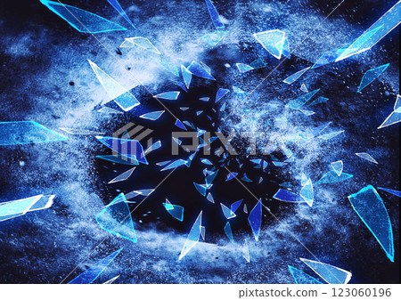 黑色背景上散落的破碎藍色玻璃碎片的 3D 插圖 123060196