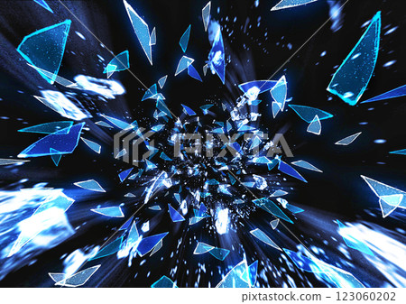 3d illustration of scattered pieces of broken blue glass on a black background 123060202