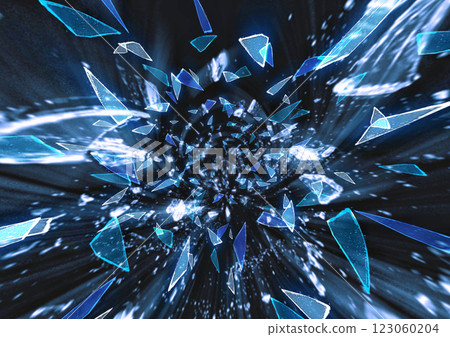 黑色背景上散落的破碎藍色玻璃碎片的 3D 插圖 123060204