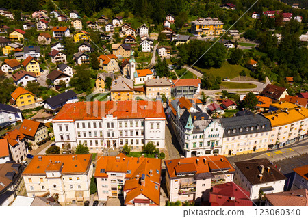 Aerial view of Idrija town center, Slovenia 123060340