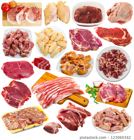 Collage of raw meat isolated on white Collage of raw meat isolated on white 123060382