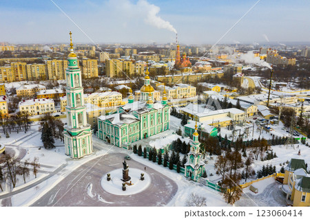 Aerial view of the Spaso-Preobrazhensky Cathedral and residential buildings in Tambov 123060414