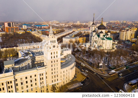 Aerial view of the Annunciation Cathedral and the tower of the Southern Railway building in city Voronezh 123060418