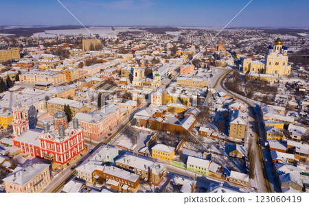 Aerial view of Church of Archangel Michael and Ascension Cathedral in Yelets 123060419
