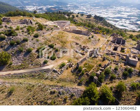 Drone view of ruins of Roman amphitheater at Rhodiapolis, Kumluca, Turkey Drone view of ruins of Roman amphitheater at Rhodiapolis, Kumluca, Turkey 123060462