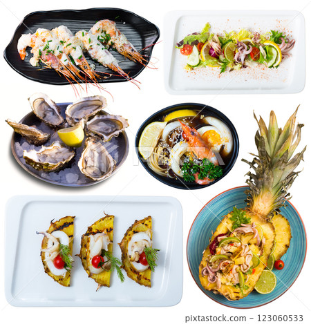 Plates of seafood on white background Plates of seafood on white background 123060533