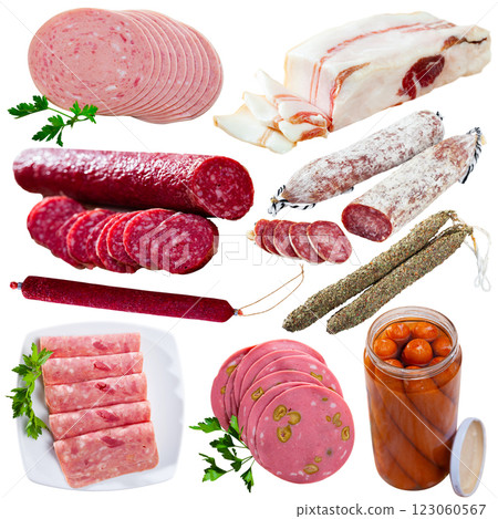Spanish tasty meal different sausages and jamon isolated Spanish tasty meal different sausages and jamon isolated 123060567