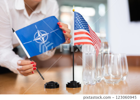 Flags of NATO and United States in female hands in meeting room 123060945