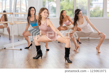 Young girl performing high heels choreography at group class Young girl performing high heels choreography at group class 123061071