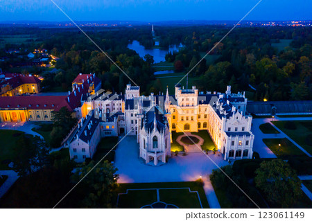 View from drone of Lednice Palace at twilight, Czech Republic View from drone of Lednice Palace at twilight, Czech Republic 123061149