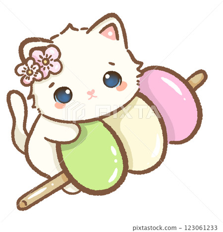 kawaii white cat is on a giant tricolor dango Hand drawn illustration cherry blossoms Sakura pastel color isolated on transparent background,  nursery decorations, spring 123061233