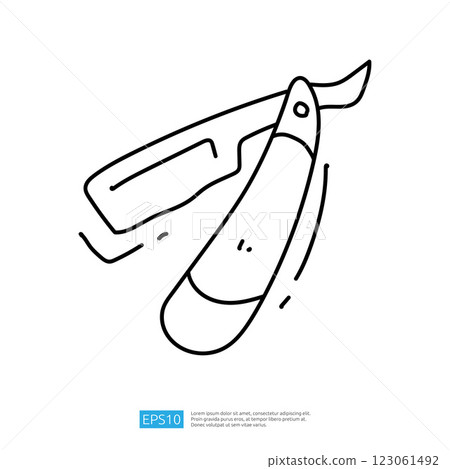 A simple line drawing of a straight razor, showcasing its blade and handle, emphasizing its design and function for shaving or grooming. A simple line drawing of a straight razor, showcasing its blade and handle, emphasizing its design and function for shaving or grooming. 123061492