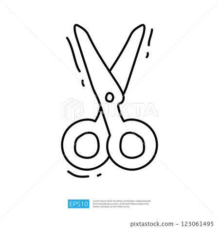 A simple line drawing of a pair of scissors, depicted in an open position, illustrating their functionality for cutting. 123061495