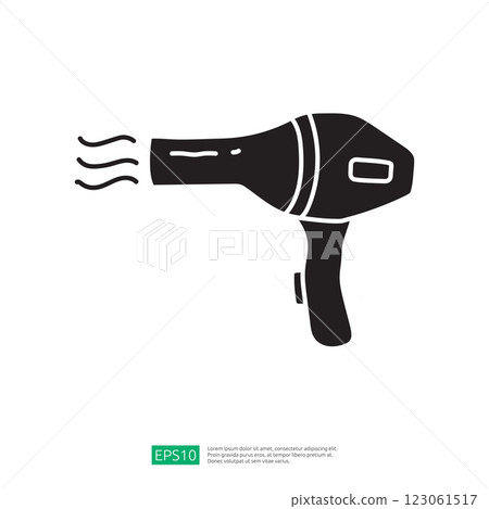 A simple black and white illustration of a hairdryer, depicting its design and purpose for drying and styling hair. 123061517