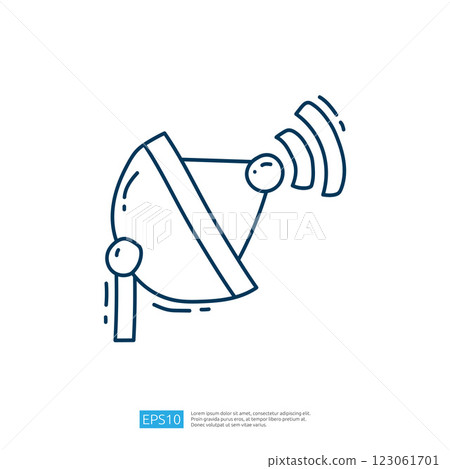 A simple line drawing of a satellite dish emitting signals, representing communication technology and data transmission. A simple line drawing of a satellite dish emitting signals, representing communication technology and data transmission. 123061701