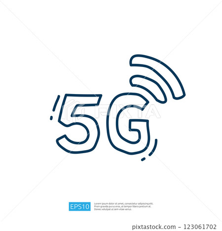 A simple graphic illustration of the number "5G" with a signal wave, representing advanced mobile network technology. 123061702