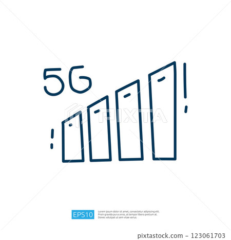 The image features a simple, hand-drawn style illustration representing 5G technology, with four bars increasing in height, symbolizing signal strength. The image features a simple, hand-drawn style illustration representing 5G technology, with four bars increasing in height, symbolizing signal strength. 123061703
