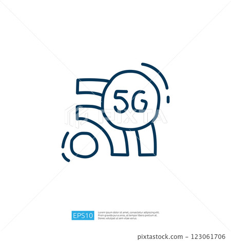 A simple line drawing representing 5G technology, showcasing a signal wave and a circular symbol with "5G" inside, emphasizing modern connectivity. 123061706