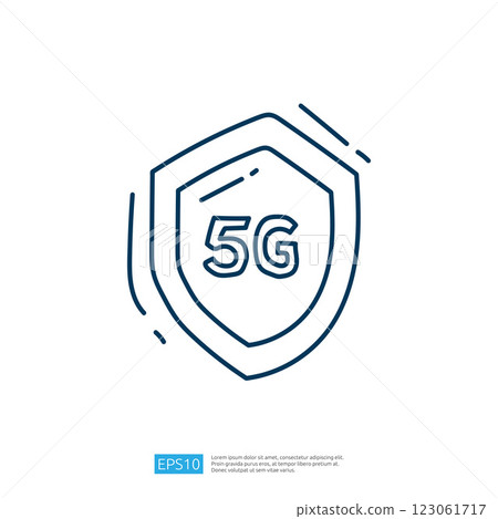 A minimalistic illustration of a shield featuring the text "5G," symbolizing protection and security in the context of 5G technology. 123061717