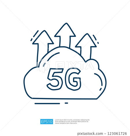A simple illustration of a cloud with "5G" written on it, accompanied by upward arrows, symbolizing advanced telecommunications technology. 123061726