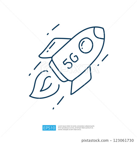 A simple line drawing of a rocket labeled "5G," illustrating the concept of advanced technology and connectivity. 123061730