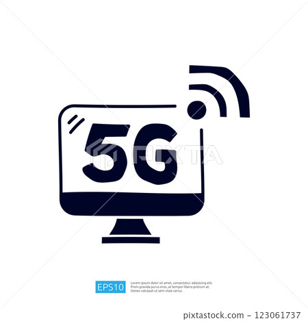 A stylized graphic of a computer monitor displaying "5G" with a wireless signal symbol, representing modern technology and high-speed internet connectivity. 123061737