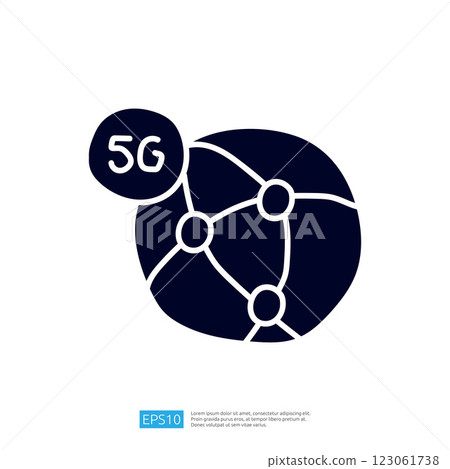 A graphic representation of a network symbolizing 5G technology, featuring interconnected nodes and a prominent "5G" label. 123061738