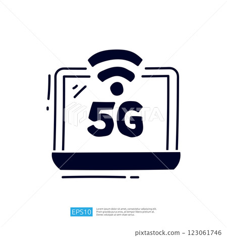The image features a stylized laptop with the text "5G" prominently displayed, symbolizing high-speed internet connectivity and modern technology. 123061746