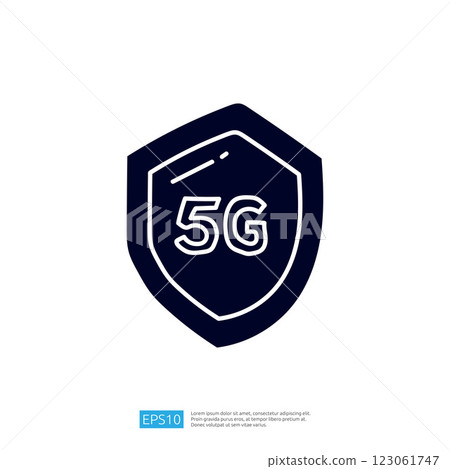 This image features a dark shield icon with the text "5G," symbolizing security and technology related to 5G networks. 123061747