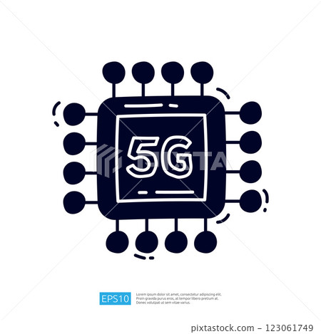 A stylized graphic of a microchip labeled "5G," representing modern technology and telecommunications advancements. A stylized graphic of a microchip labeled "5G," representing modern technology and telecommunications advancements. 123061749