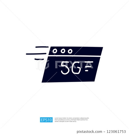 A stylized graphic representing 5G technology, featuring a fast-moving browser window design to symbolize speed and connectivity. 123061753