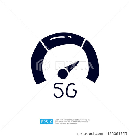 The image depicts a speedometer gauge indicating a high-speed connection, labeled "5G," representing advanced telecommunications technology. 123061755