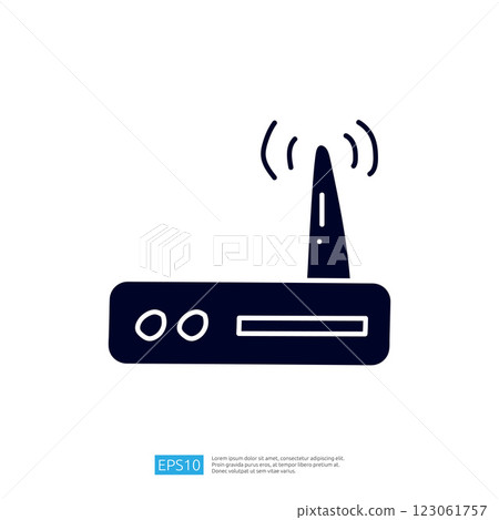 This image depicts a stylized wireless router with an antenna, symbolizing internet connectivity and communication. 123061757