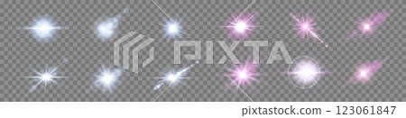 Pink and blue lens flares set. Sun flash with rays or spotlight and bokeh. Isolated on transparent background. Glow flare light effect. Vector illustration. Pink and blue lens flares set. Sun flash with rays or spotlight and bokeh. Isolated on transparent background. Glow flare light effect. Vector illustration. 123061847