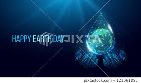 Happy Earth Day concept. Two human hands are holds Planet Earth in water drop. Protection environmental, Ecology concept. Futuristic modern abstract background. Vector illustration. 123061853