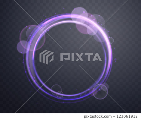Glowing purple magic ring. Neon realistic energy flare halo ring. Abstract light effect on a dark transparent background. Vector illustration. 123061912