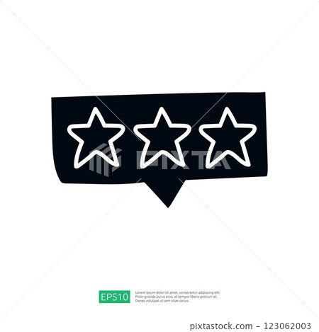 This image features a speech bubble with three stars inside, symbolizing feedback or rating, often used in reviews or testimonials. 123062003