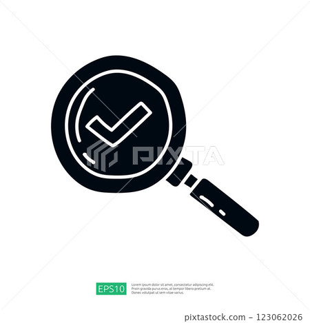 A magnifying glass with a check mark symbol inside, representing verification, approval, or quality assurance. 123062026