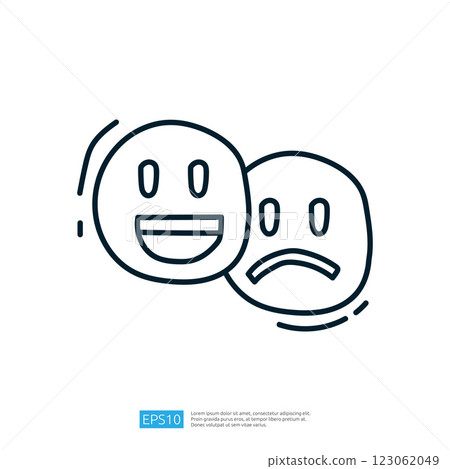 The image features two simple, stylized emoticons?one smiling and one frowning?representing contrasting emotions. 123062049