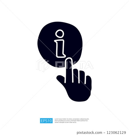 A graphic representation of a hand pointing at an information icon, suggesting interaction or access to information. 123062129