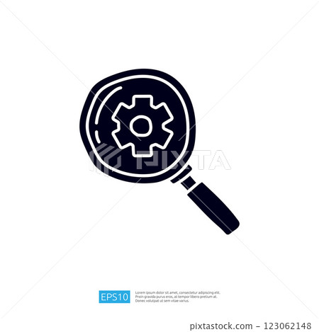 A magnifying glass with a gear icon inside, symbolizing analysis and technology. 123062148