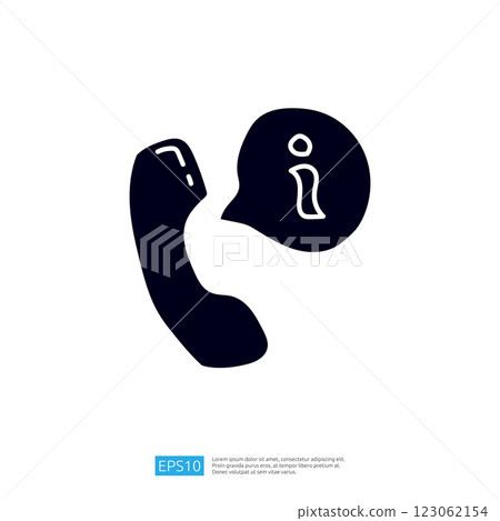The image features a stylized telephone receiver alongside a speech bubble containing an information icon, symbolizing communication and information exchange. 123062154