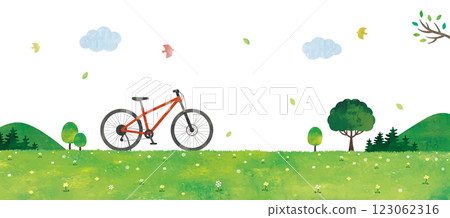 紅色自行車和綠色草原景觀 123062316