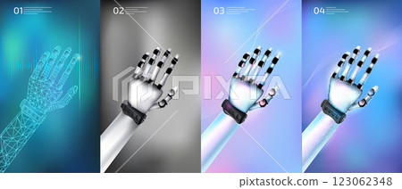 Models of robot hands on a modern digital bright background. 123062348