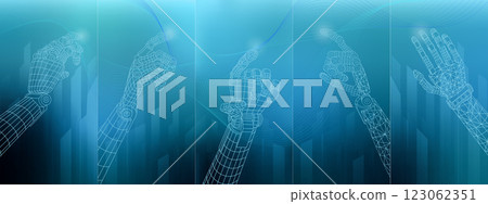 3D wireframe of robotic hand models on a modern digital background 123062351