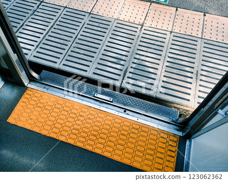 The gap between the station platform and a stopped train with its doors open 123062362