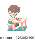 一個簡單可愛的小男孩在桌邊玩拼圖的插圖 123062400