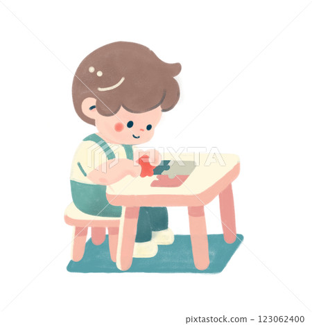 一個簡單可愛的小男孩在桌邊玩拼圖的插圖 一個簡單可愛的小男孩在桌邊玩拼圖的插圖 123062400